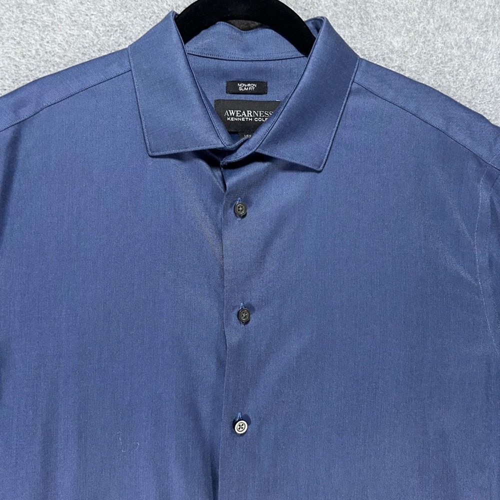 Awearness Kenneth Cole Dress Shirt Mens 16.5 32/33 Blue Slim Fit Business Formal